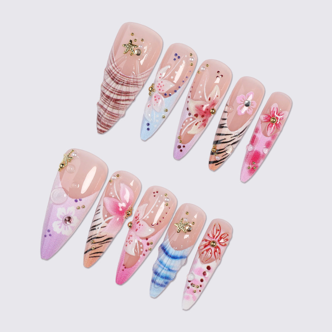 Artistic Press-On Nail Set with Floral and Gemstone Accents Stornfield