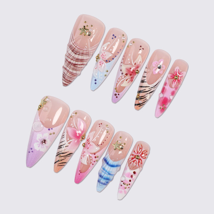 Artistic Press-On Nail Set with Floral and Gemstone Accents Stornfield