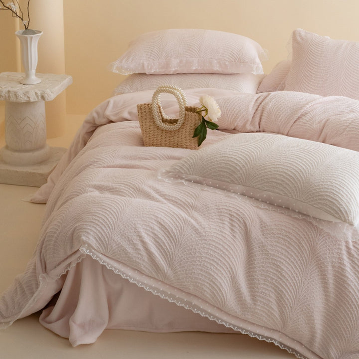 Quilted Wave-Textured Duvet Cover Set with Lace-Trim Shams
