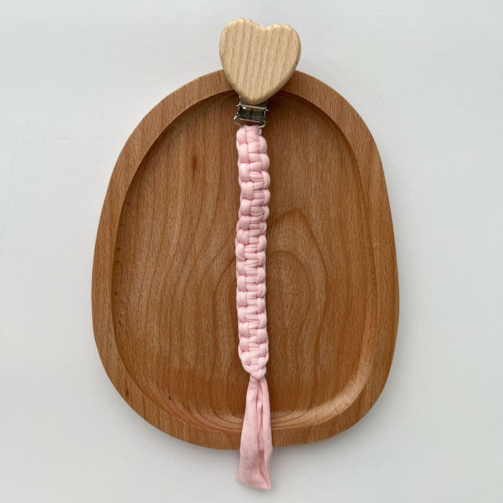 Braided Cotton Pacifier and Teether Clip with Heart Wooden Safety Clamp