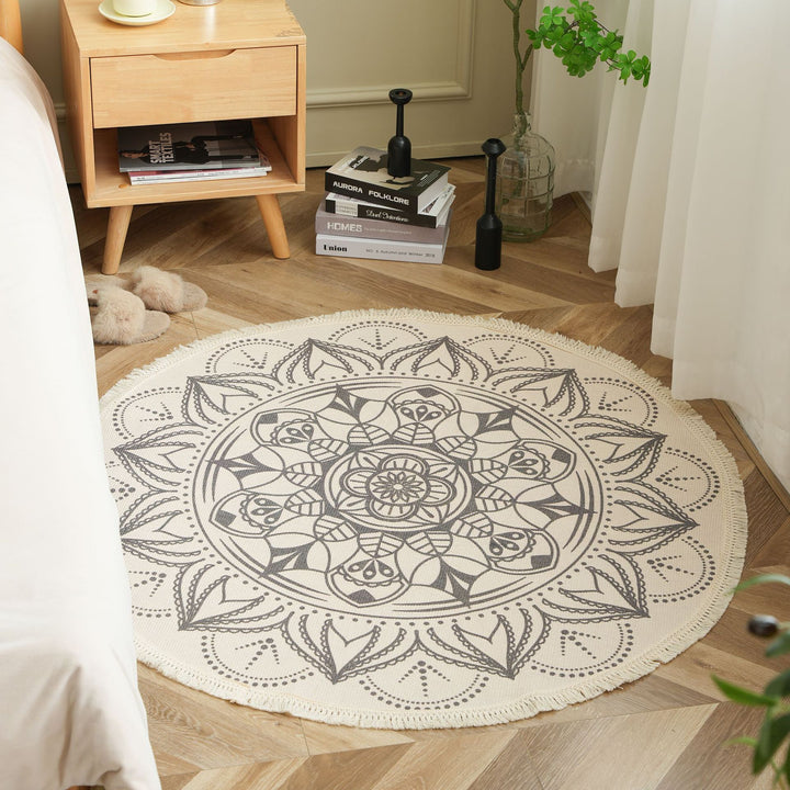 Beef Boho Cotton Rug with Mandala Print and Fringe Edge