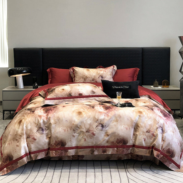 Satin bedding set with watercolor rose design, hotel closure and contrast piping