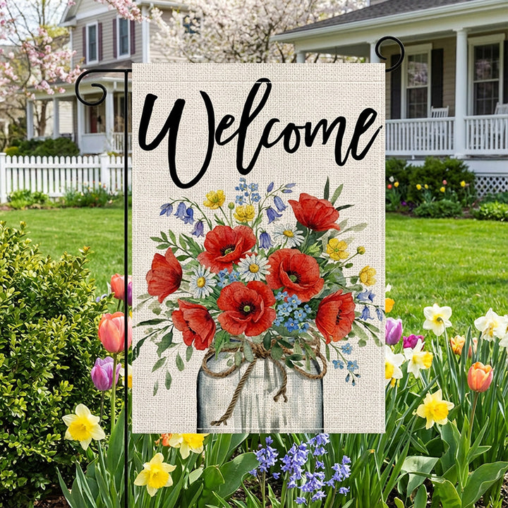 Outdoor Decorative Garden Flag Linen-Blend Welcome Poppy Design with Pole Sleeve