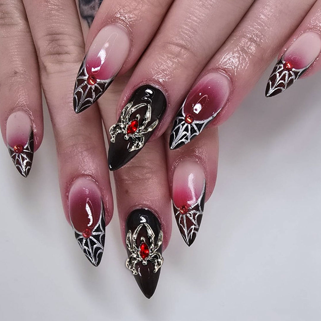 Gothic Spider-Themed Stiletto Nail Art Extensions Stornfield