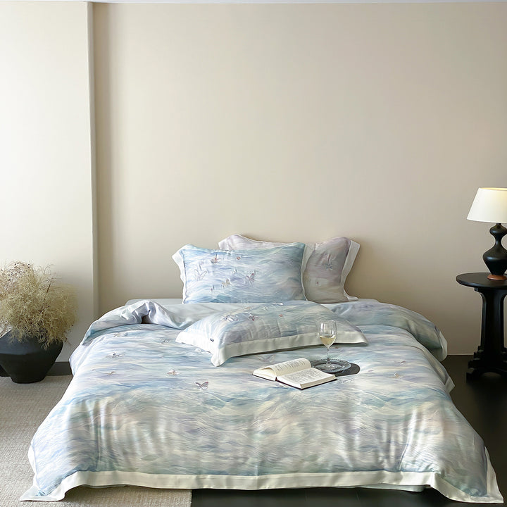Elegant satin bedding set with watercolored gradient and 3D butterfly embroidery