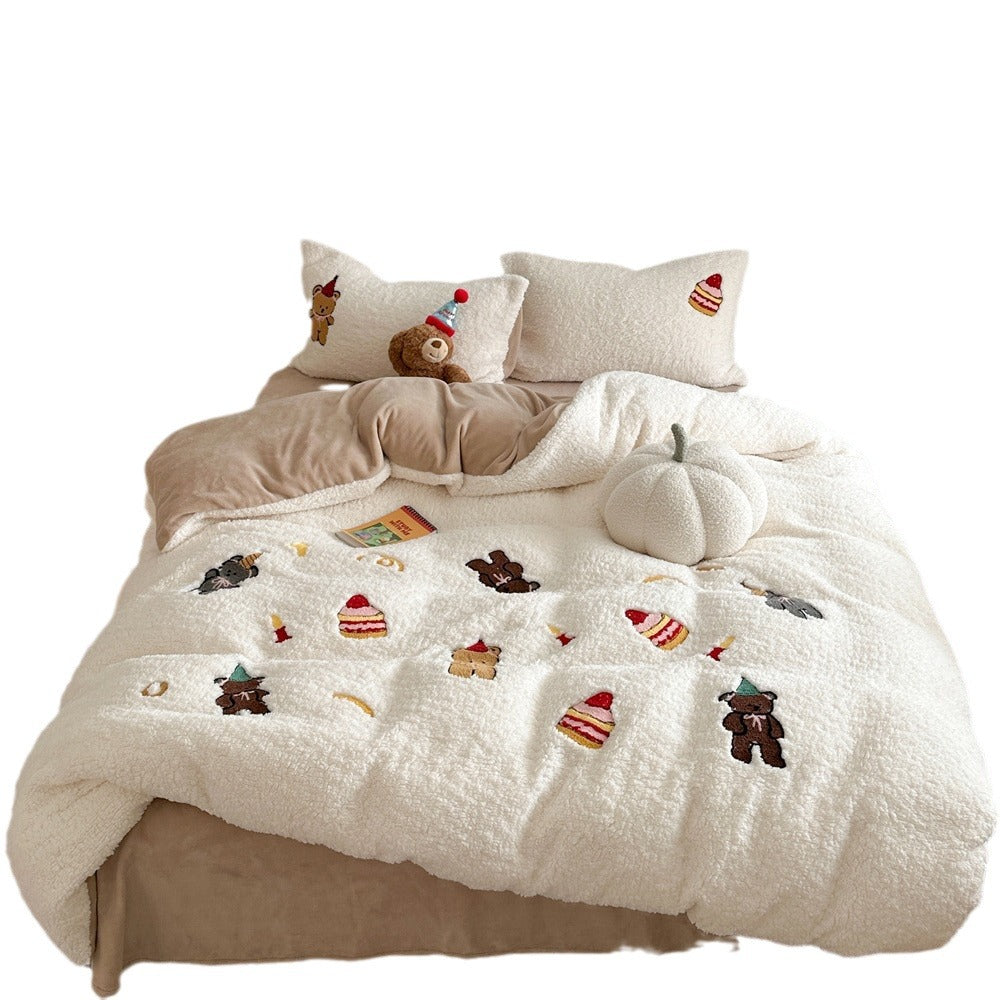 Plush Sherpa Comforter with Embroidered Teddy and Dessert Motifs