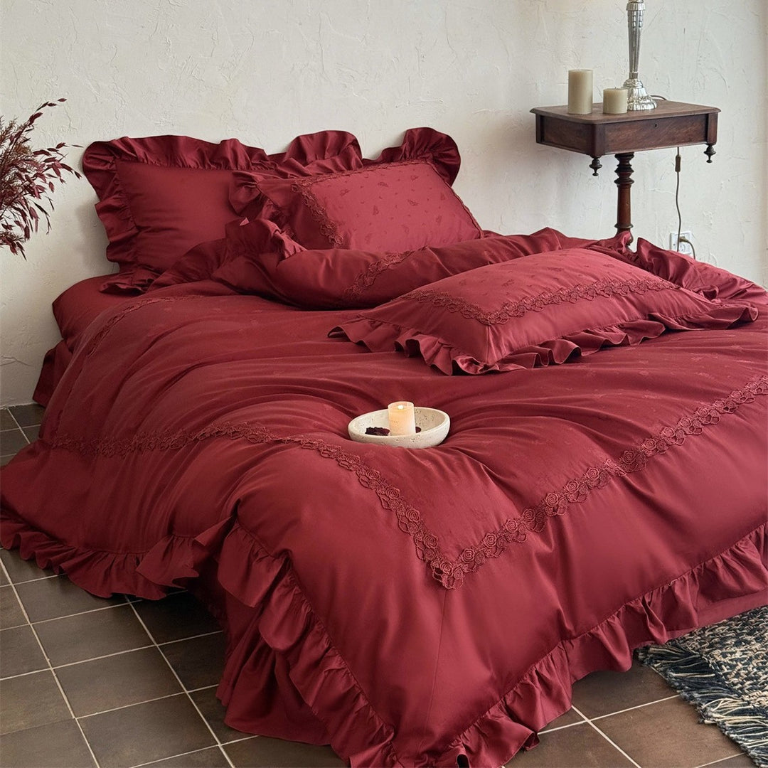 Luxury Ruffled Lace Duvet Cover Set with Embroidered Scallop Trim