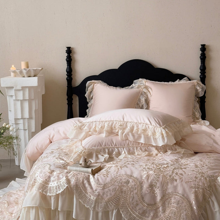 Romantic satin bedding set with lace frill & finely embroidered coverlet
