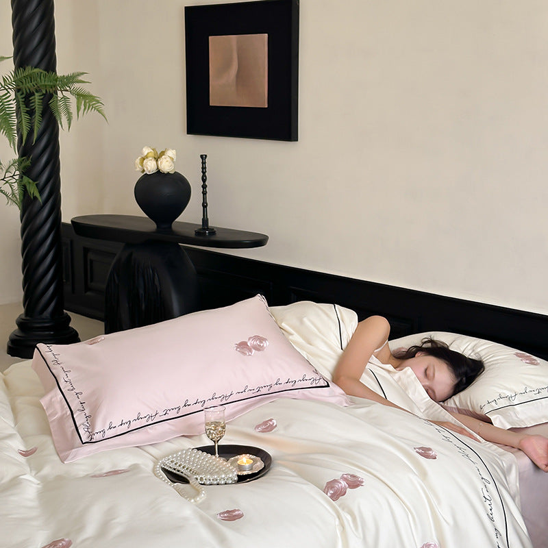 Reversible Silk-Feel Petal-Print Duvet Cover Set with Script-Edge Pillow Shams