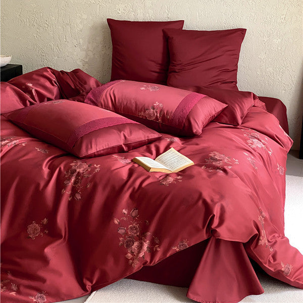 Premium Satin Bedding Set with subtle rose jacquard and hotel closing