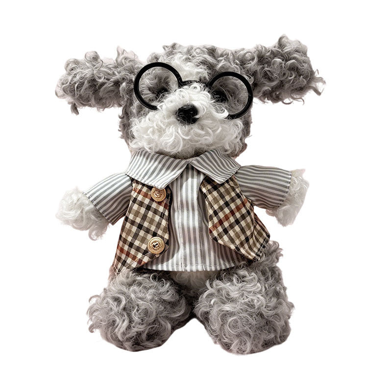 Curly-Fur Sitting Puppy Plush with Round Glasses & Plaid 'LOVE' Bandana Stornfield