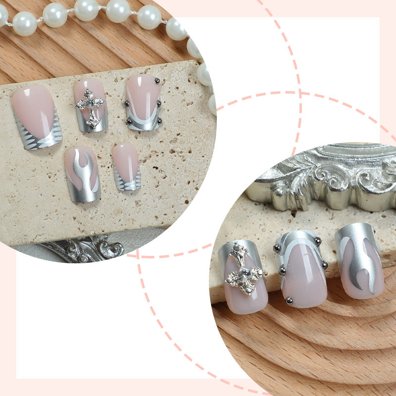 Decorative Press-On Nail Art Set with Stylish Marble and Gem Accents Stornfield