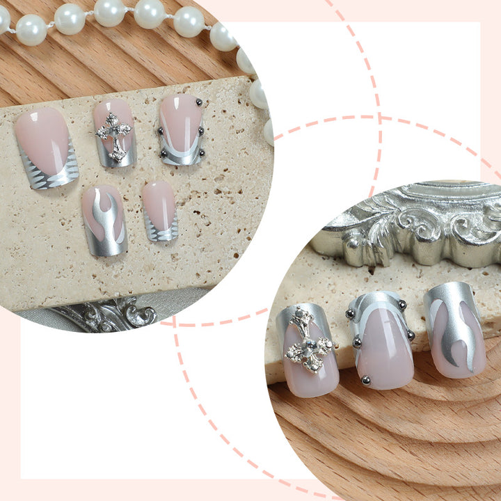 Decorative Press-On Nail Art Set with Stylish Marble and Gem Accents Stornfield