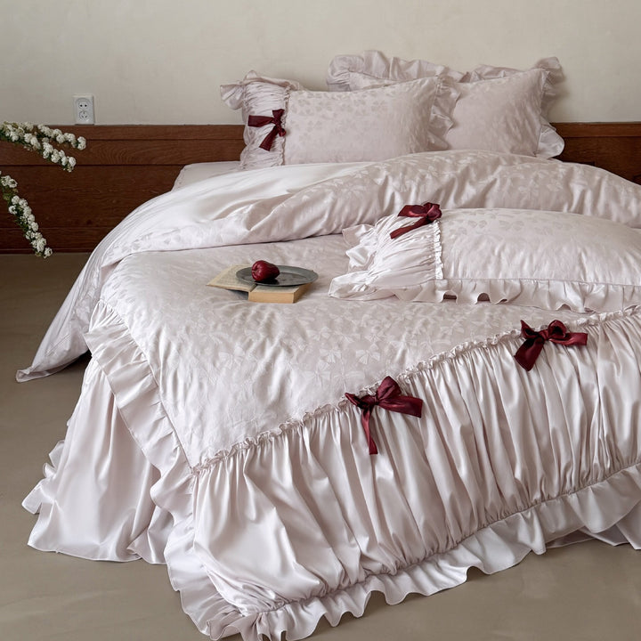 Satin bedding set with jacquard butterfly pattern, ruffle and decorative bows
