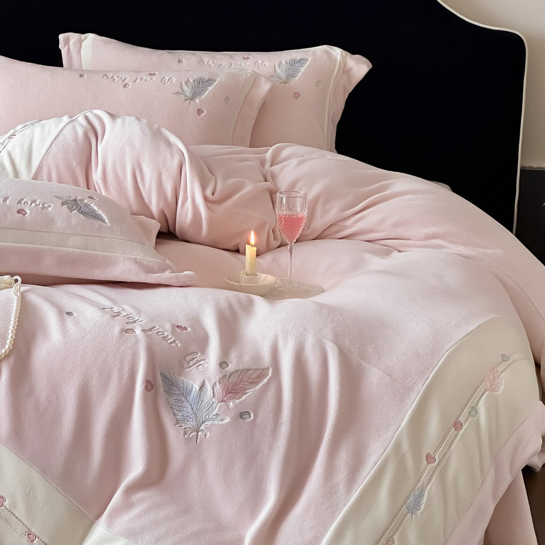 Plush Brushed Flannel Embroidered Feather Duvet Cover and Sham Set