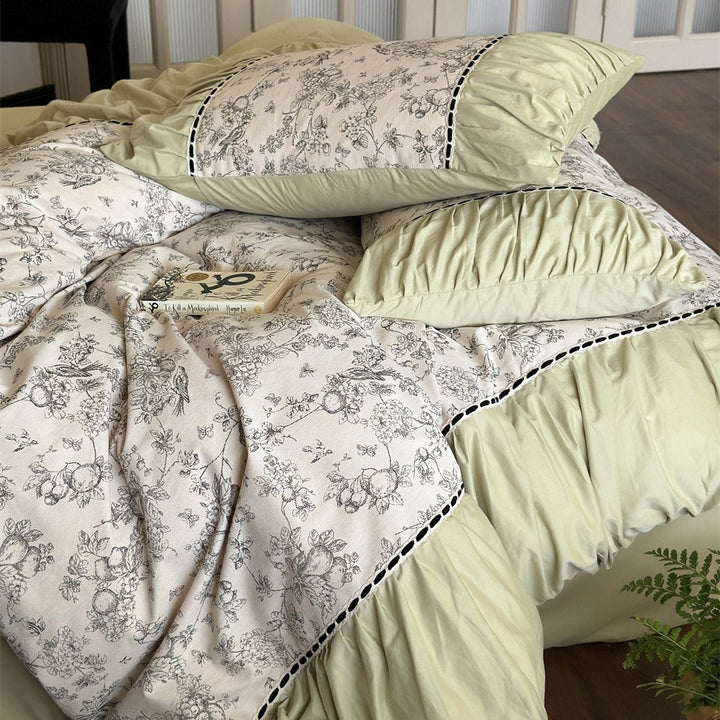 Luxury Floral Cotton Sateen Duvet Cover Set with Ruffled Pillow Shams