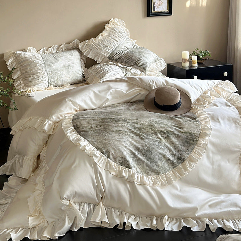 Luxurious Ruffle Bedding Set with Velvet Heart Appliqué