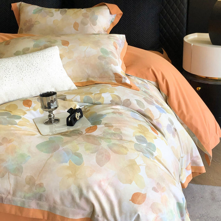 Watercolor Leaf Cotton Sateen Duvet Cover Set with Reversible Solid Back & Piped Hem