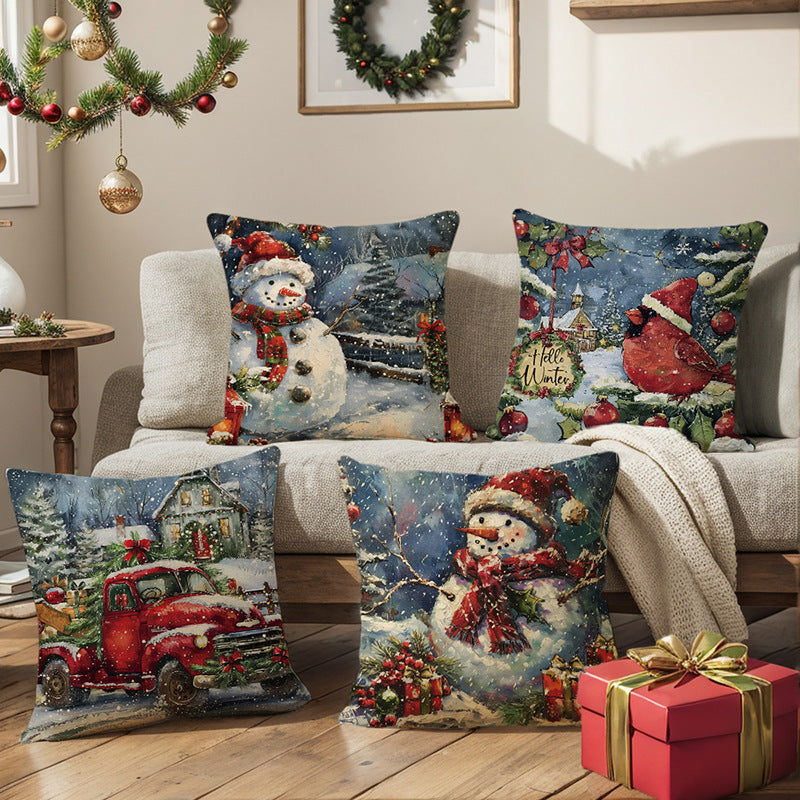 Festive Cotton-Linen Square Throw Pillow Cover with Snowman Winter Village Print and Concealed Zipper