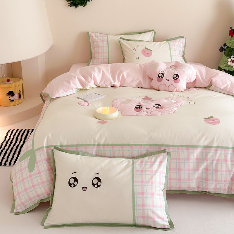 Children's bedding set with embroidered submarine and ocean motif as well as reversible function