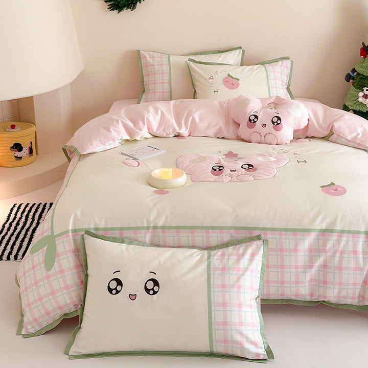Children's bedding set with embroidered submarine and ocean motif as well as reversible function