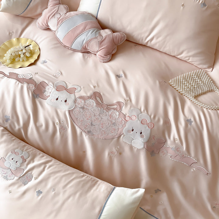 Luxury Satin Embroidered Duvet Cover Bedding Set with Decorative Pillow Shams
