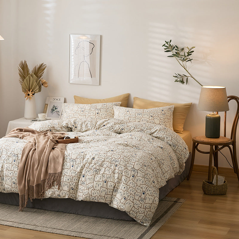 Bedding set with quilted light down filling, cotton blend and fine millefleurs print