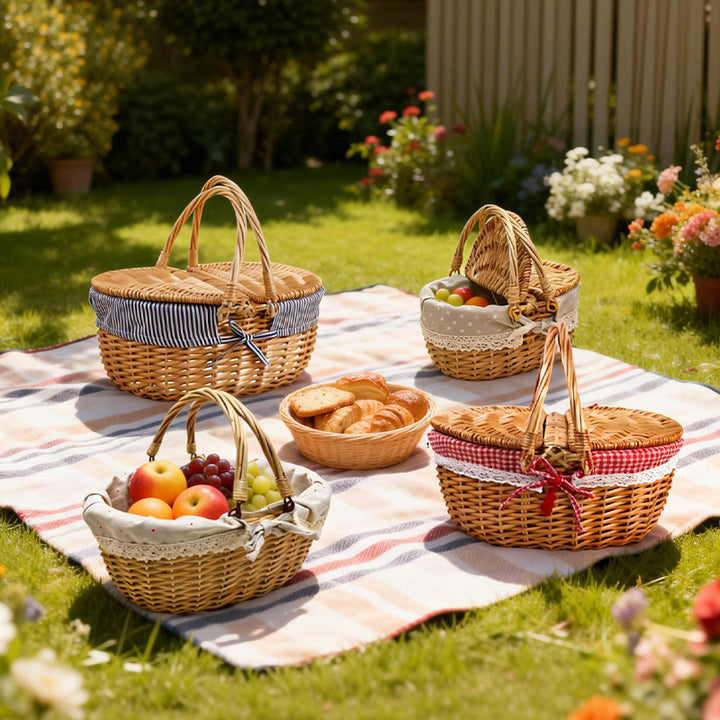 Women braided picnic basket with romantic gingham lining Stornfield