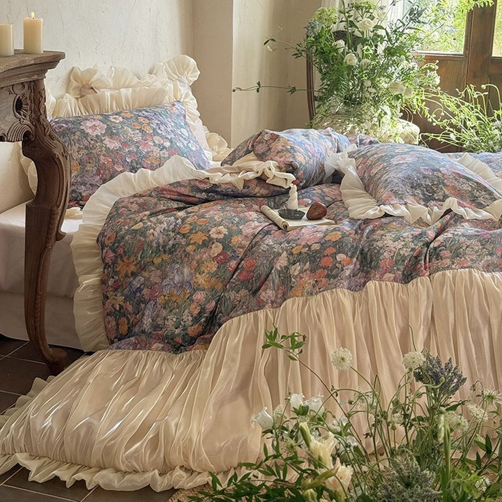 Floral bedding set with vintage painting print, ruffled pillow and gathered bedspread