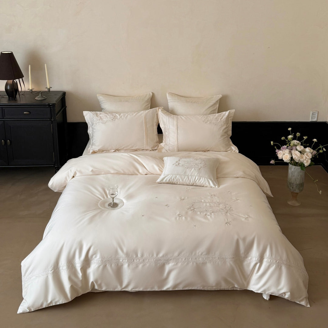 Embroidered Satin Duvet Cover Set with Decorative Pillow Shams