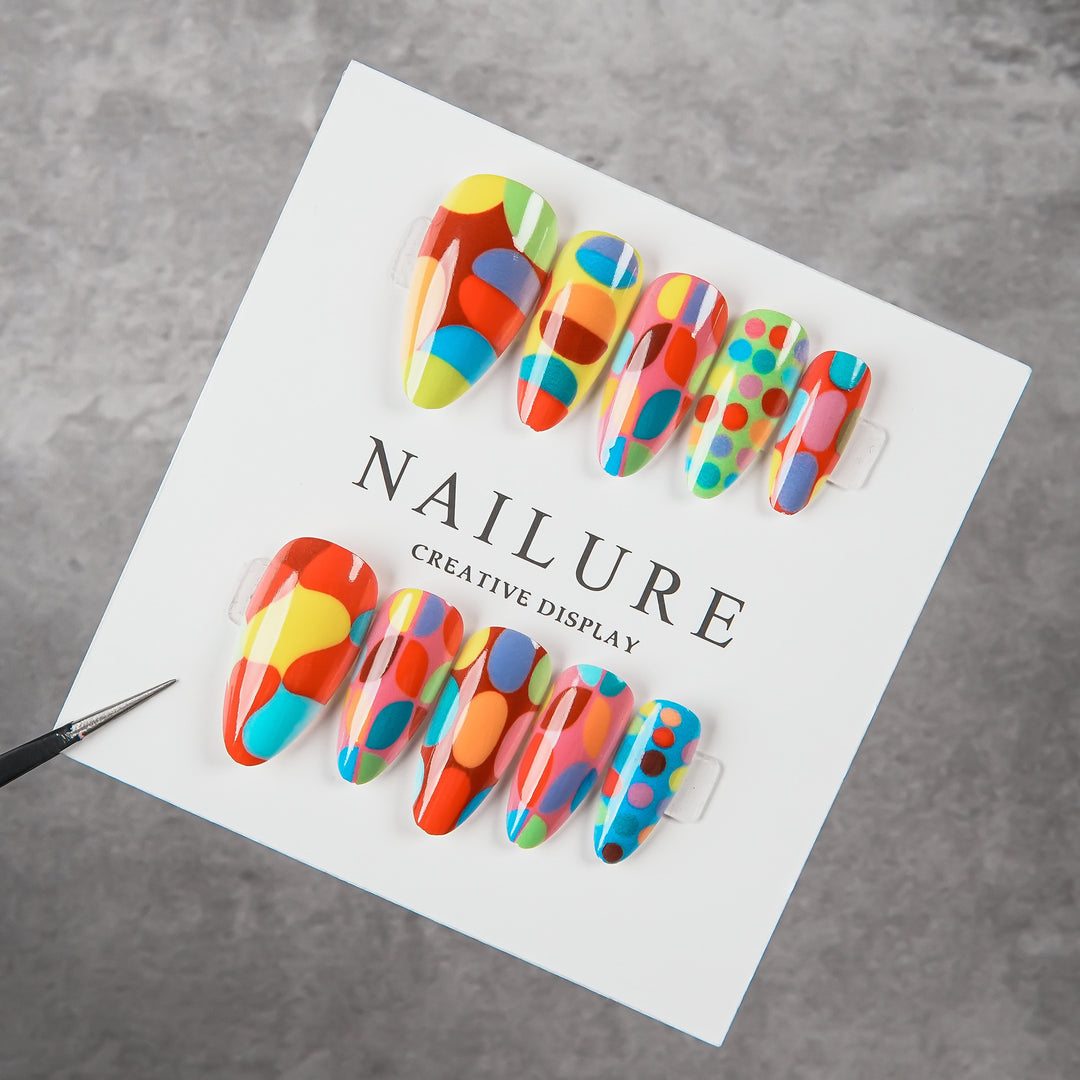 Artistic Press-On Nail Set with Colorful Geometric Patterns