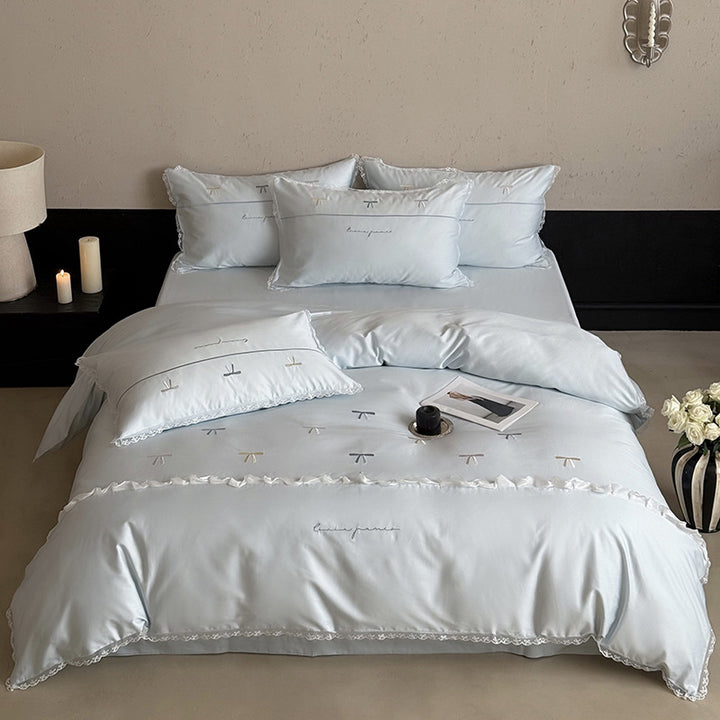 Brushed Sateen Duvet Cover Set with Mini Bow Embroidery and Ruffled Lace Trim