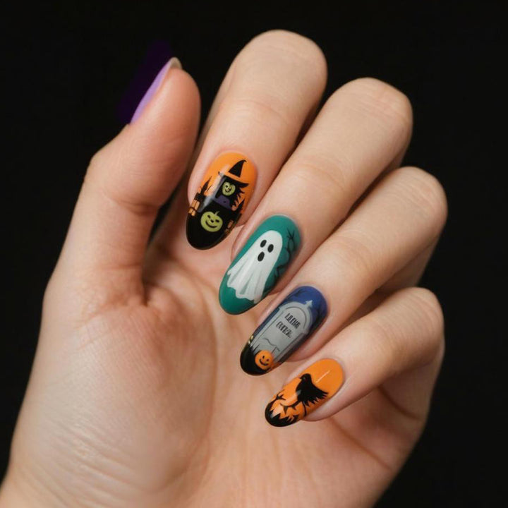Halloween Artificial Nail Set with Spooky Ghost, Pumpkin, and Spider Pattern Stornfield