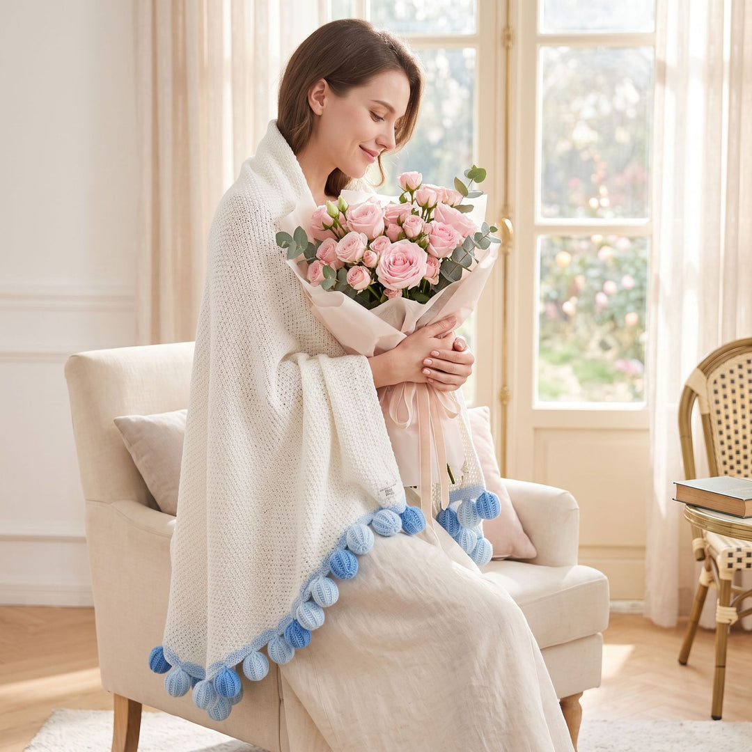 Pom-Pom Knit Throw Blanket