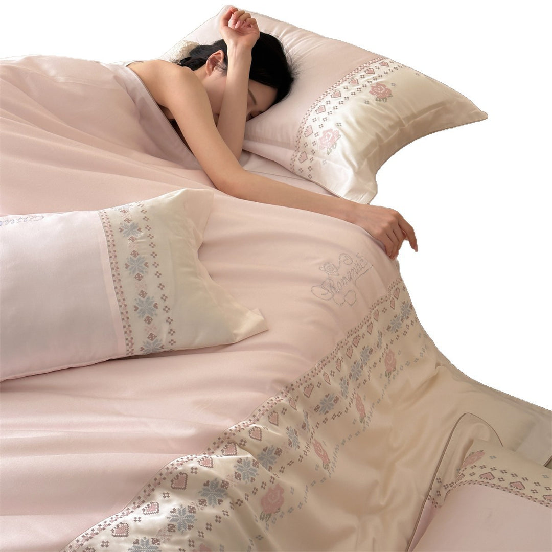 Silky Sateen Embroidered Floral Duvet Cover Set with Decorative Border Pillowcases