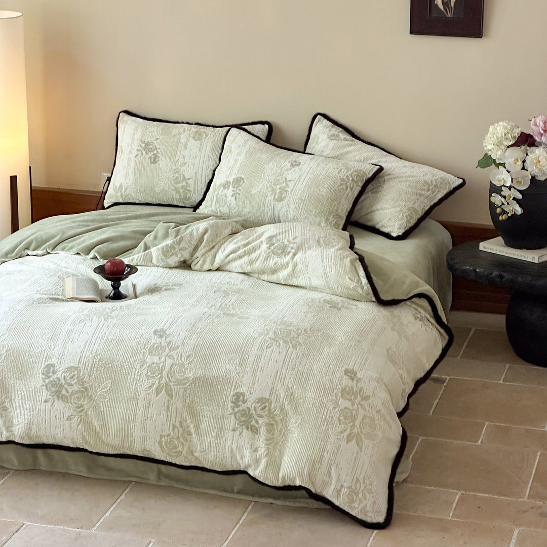 Quilted Jacquard Floral Duvet Cover Set with Contrast Piped Edge and Matching Pillow Shams