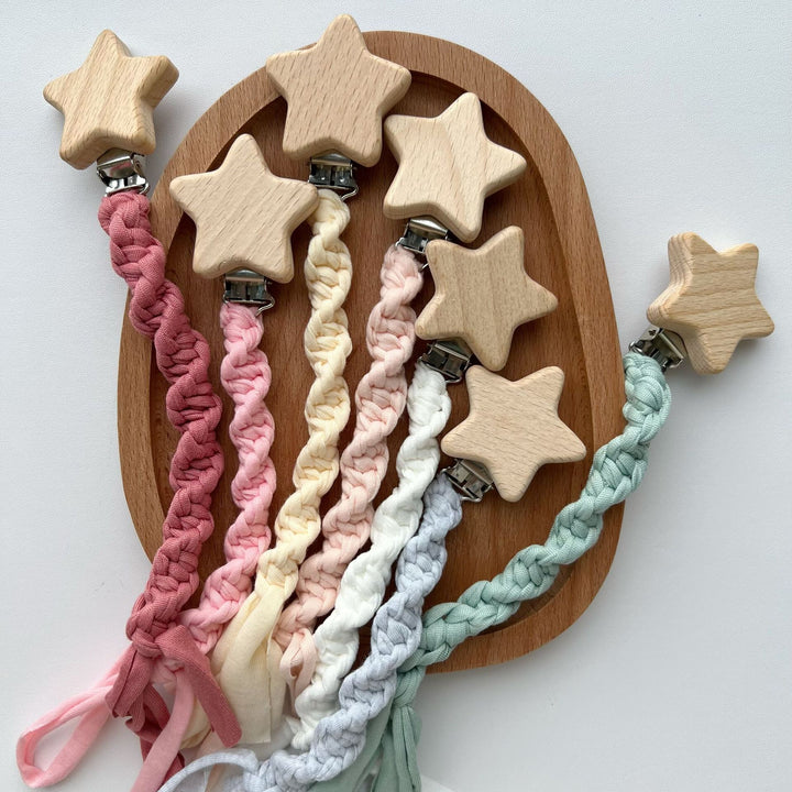 Braided Cotton Pacifier and Teether Clip with Wooden Star Clamp