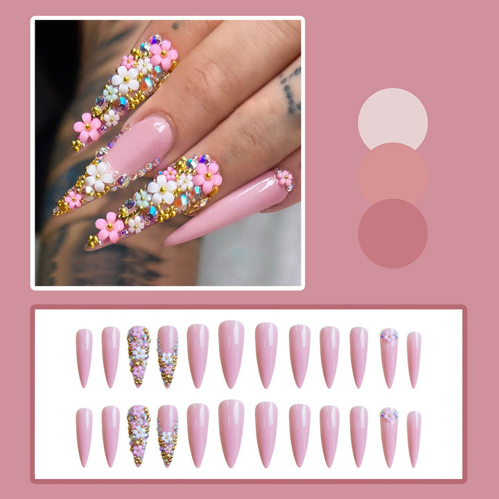Artificial nail set with floral 3D decorations and glitter Stornfield