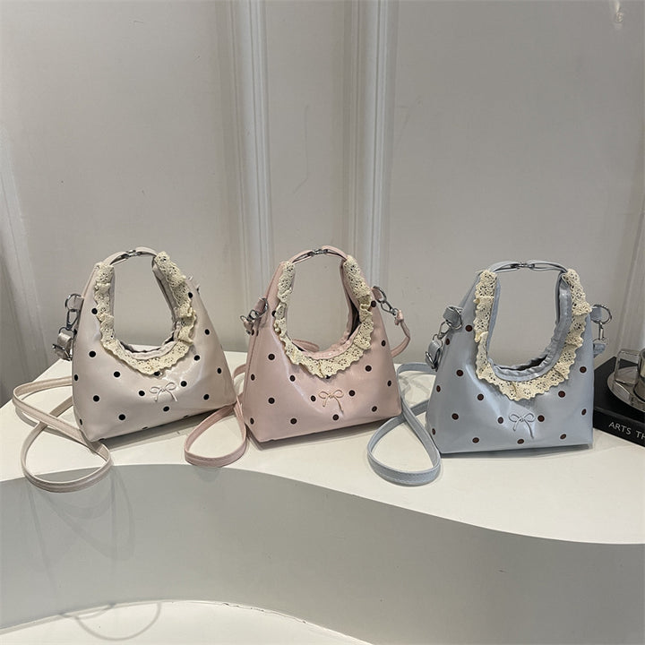 Stylish Polka Dot Crossbody Handbag with Lace Trim