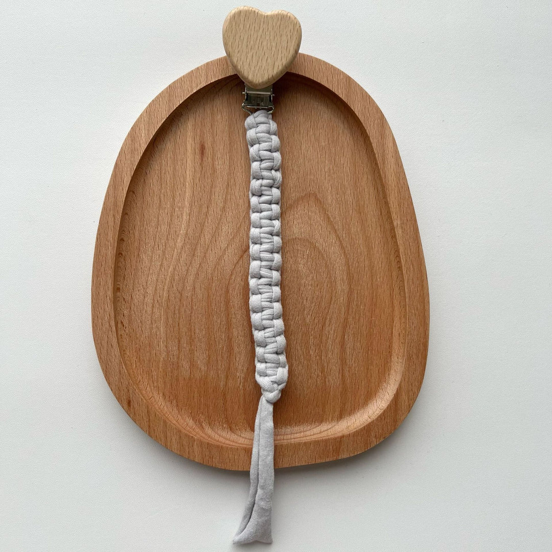 Braided Fabric Pacifier Clip with Wooden Heart Safety Clamp
