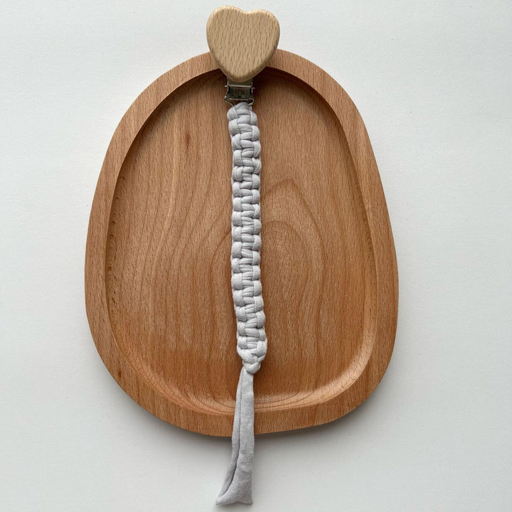 Braided Fabric Pacifier Clip with Wooden Heart Safety Clamp