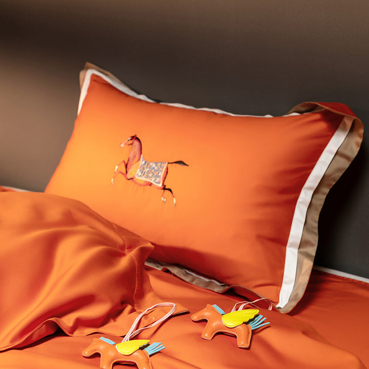 Luxury Satin Embroidered Duvet Cover Set with Horse Motif