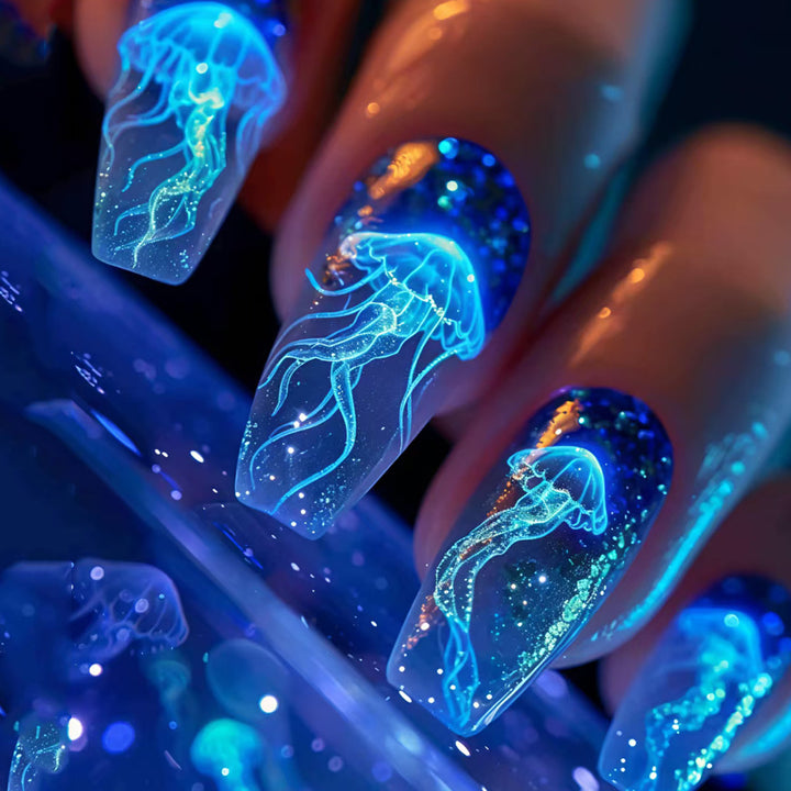 Glittering artificial nails with luminous jellyfish motif Stornfield