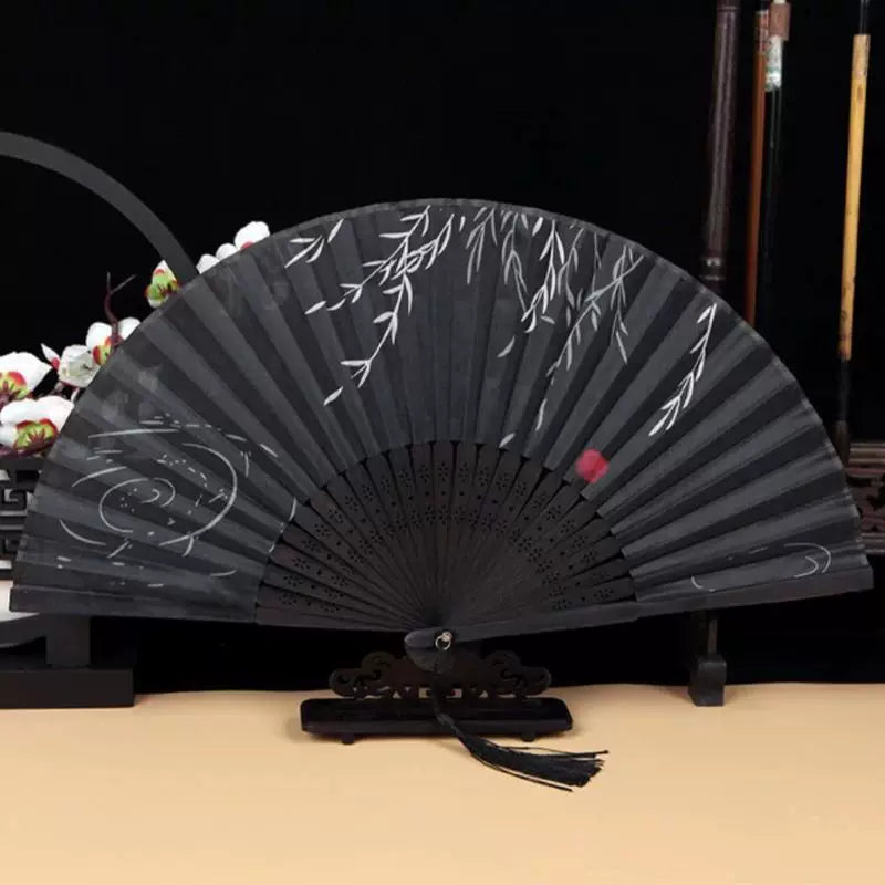 Women One Size Handcrafted Bamboo Rib Foldable Fan with Hand-Painted Calligraphic Willow Design and Decorative Tassel Stornfield
