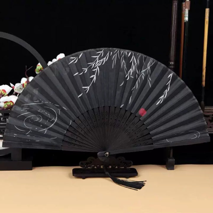 Women One Size Handcrafted Bamboo Rib Foldable Fan with Hand-Painted Calligraphic Willow Design and Decorative Tassel Stornfield