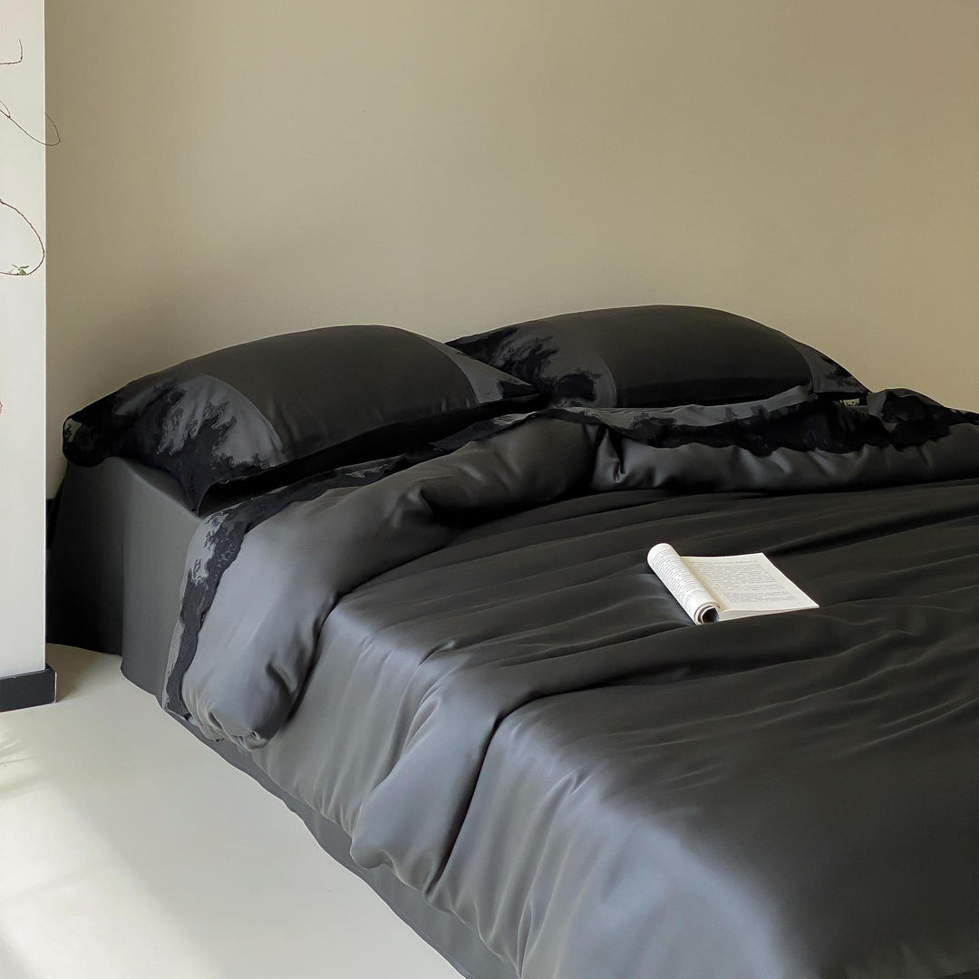 Luxurious satin bedding set with delicate lace trim