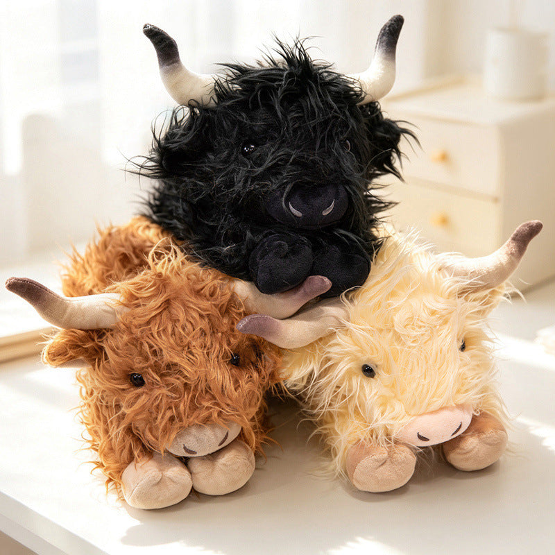 Plush Highland Calf Collectible Soft Toy with Curly Faux-Fur and Poseable Horns Stornfield
