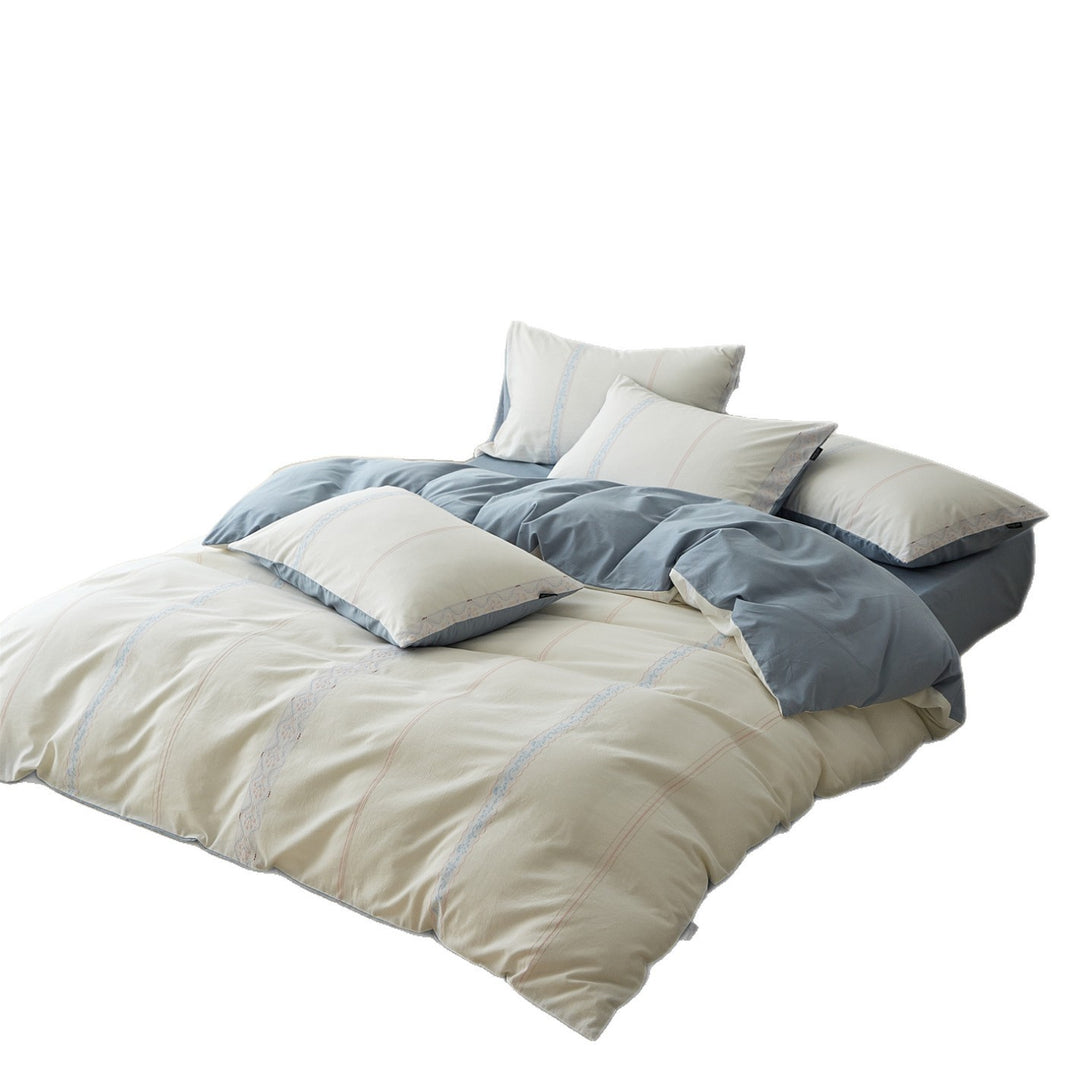 Reversible Cotton Sateen Duvet Cover Set with Decorative Embroidered Stripe and Matching Pillow Shams