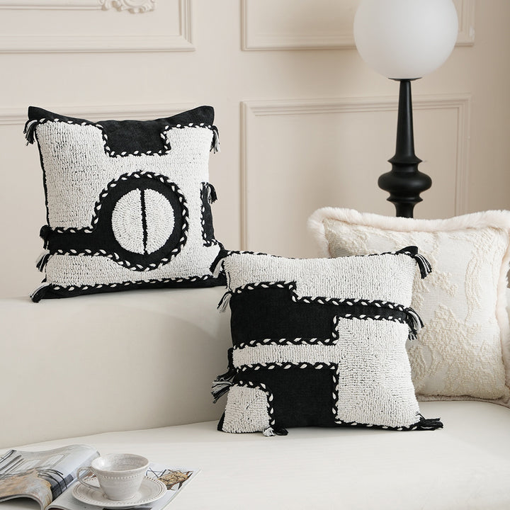 Square hand-tufted decorative pillow with geometric high-pile relief