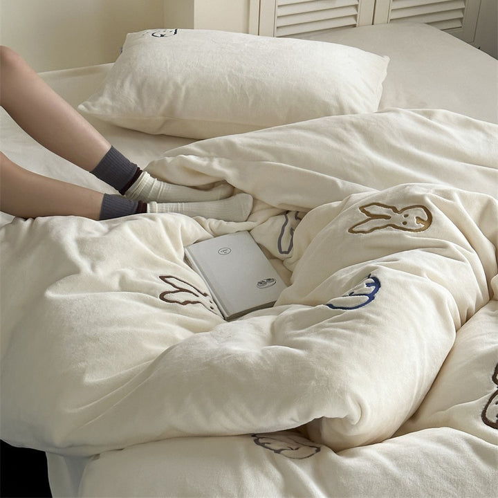 cozy fluffy microfiber bedding set with embroidered rabbit motifs